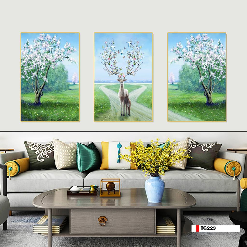 TRANH TREO TƯỜNG PHÒNG KHÁCH - TRANH HƯƠU TÀI LỘC GHÉP BỘ 3 BỨC | MÃ TG223