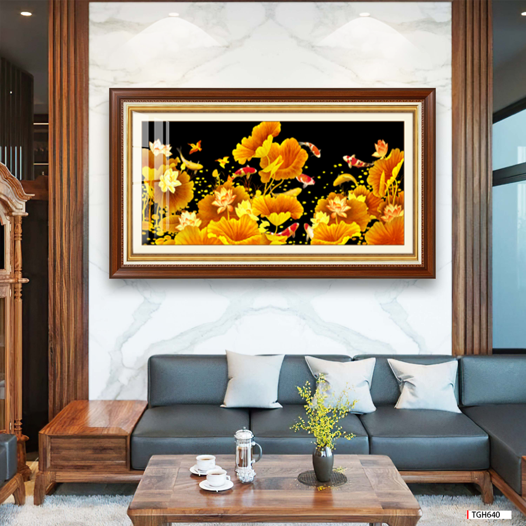 BST157 - TRANH TREO TƯỜNG - PHÒNG KHÁCH, SAU SOFA - CHỦ ĐỀ HOA SEN CÁ CHÉP - KHỔ LỚN