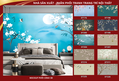 BST141 - TRANH DÁN TƯỜNG 3D - PHÒNG NGỦ - TRANH VẢI HOA 3D - HOA ĐÀO - INDOCHINE