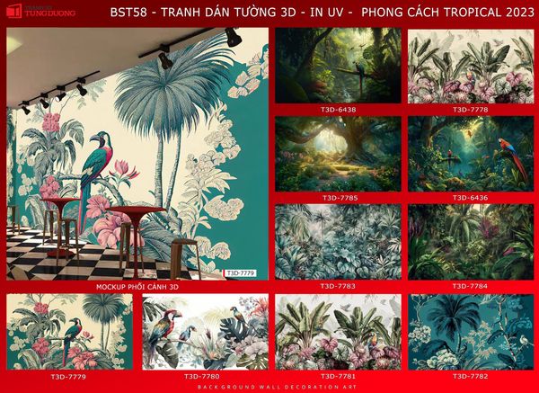 BST19 - TRANH DÁN TƯỜNG 3D - TRANG TRÍ NHÀ HÀNG, CAFE - PHONG CÁCH TROPICAL NHIỆT ĐỚI - KHỔ LỚN