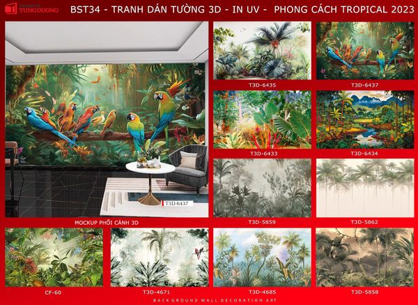 BST13 - TRANH DÁN TƯỜNG 3D NHÀ HÀNG, CAFE - PHONG CÁCH TROPICAL NHIỆT ĐỚI - KHỔ LỚN