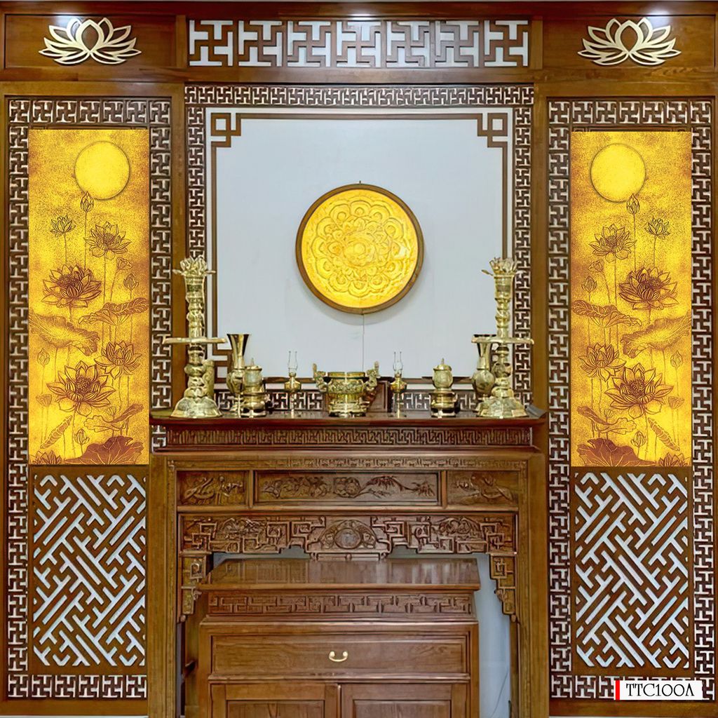 TRANH TREO PHÒNG THỜ KHỔ DỌC - TRANH TRÚC CHỈ HOA SEN - KHUNG GỖ | MÃ TTC100A