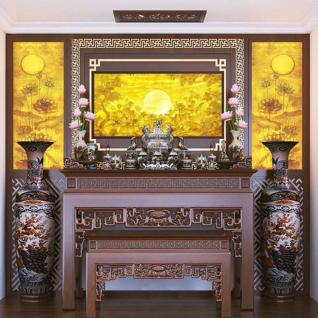 TRANH TREO PHÒNG THỜ - TRANH ĐIỆN TRÚC CHỈ HOA SEN | MÃ TTC106