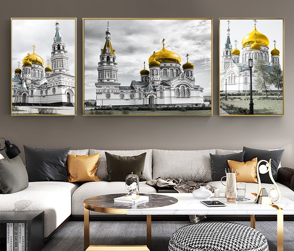 BST65 - TRANH TREO TƯỜNG KHUNG HỢP KIM TITAN - TRANG TRÍ PHÒNG KHÁCH, SAU SOFA - CHỦ ĐỀ PHONG CẢNH KIẾN TRÚC CHÂU ÂU - GHÉP BỘ 3 BỨC