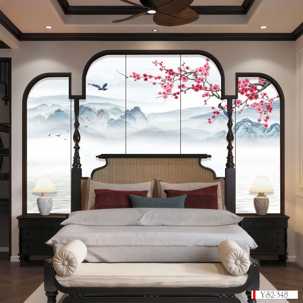 TRANH VẢI DÁN TƯỜNG 3D PHÒNG NGỦ - TRANH VẢI INDOCHINE HOA ĐÀO | MÃ YS2-349