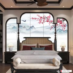 TRANH VẢI DÁN TƯỜNG 3D PHÒNG NGỦ - TRANH VẢI INDOCHINE HOA ĐÀO | MÃ YS2-349