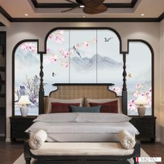TRANH VẢI DÁN TƯỜNG 3D PHÒNG NGỦ - TRANH VẢI INDOCHINE HOA ĐÀO | MÃ YS2-350