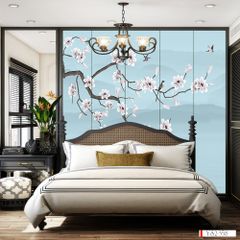 TRANH VẢI DÁN TƯỜNG 3D PHÒNG NGỦ - TRANH VẢI INDOCHINE HOA ĐÀO | MÃ YS2-358