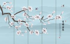TRANH VẢI DÁN TƯỜNG 3D PHÒNG NGỦ - TRANH VẢI INDOCHINE HOA ĐÀO | MÃ YS2-358