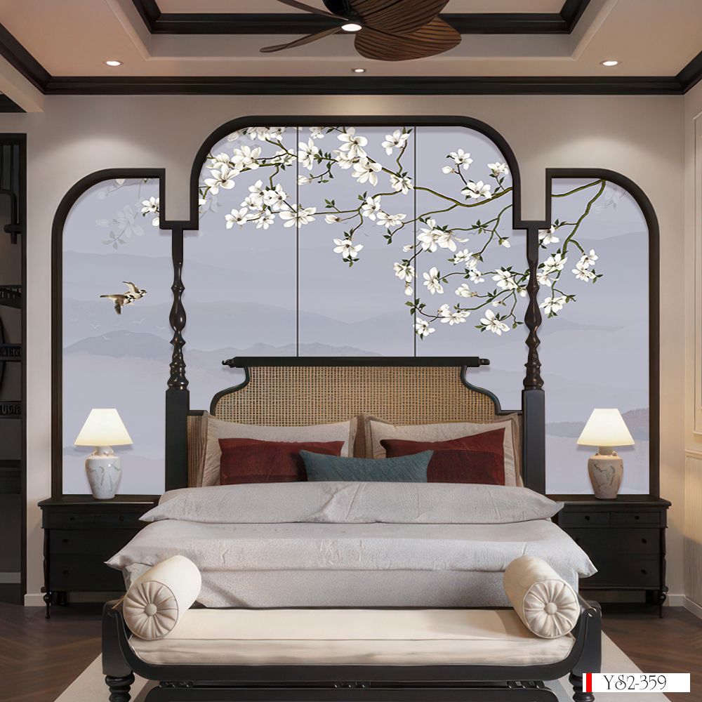 TRANH VẢI DÁN TƯỜNG 3D PHÒNG NGỦ - TRANH VẢI INDOCHINE HOA ĐÀO | MÃ YS2-359