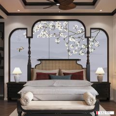 TRANH VẢI DÁN TƯỜNG 3D PHÒNG NGỦ - TRANH VẢI INDOCHINE HOA ĐÀO | MÃ YS2-359