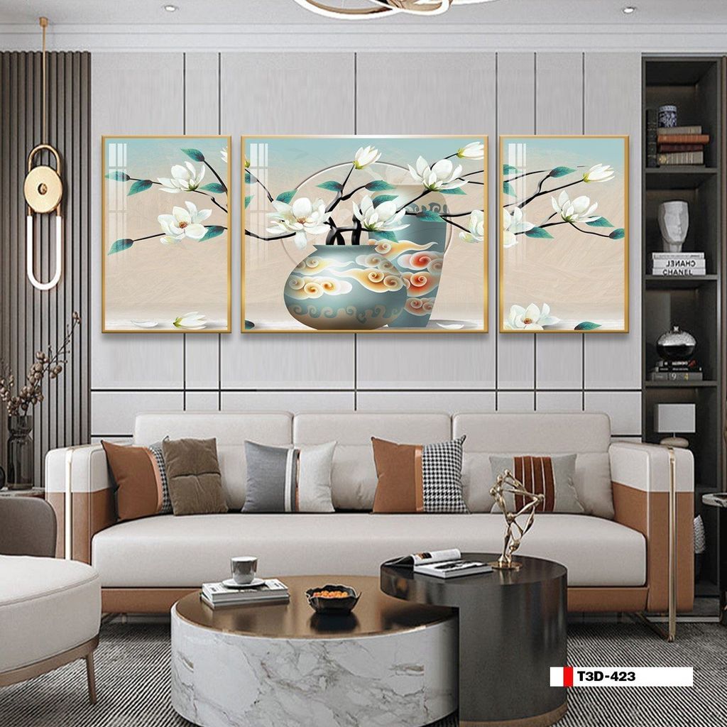 TRANH TREO TƯỜNG PHÒNG KHÁCH - TRANH HOA 3D GHÉP BỘ 3 BỨC | MÃ T3D-423