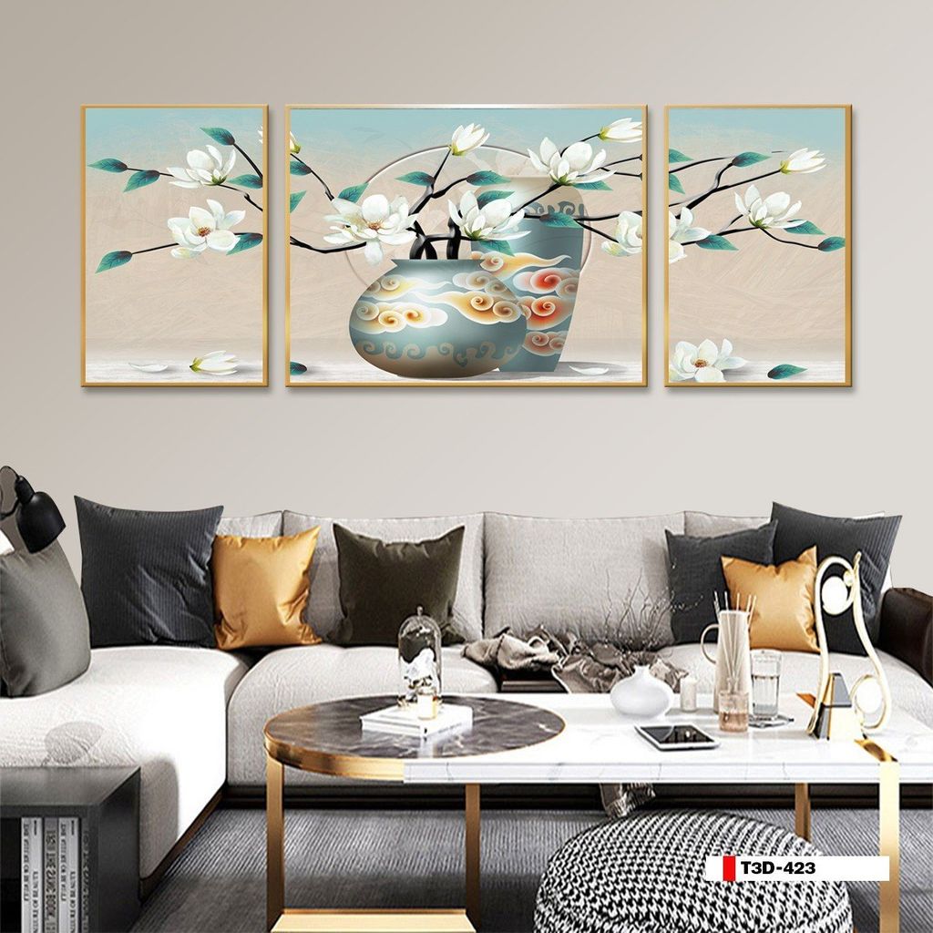 TRANH TREO TƯỜNG PHÒNG KHÁCH - TRANH HOA 3D GHÉP BỘ 3 BỨC | MÃ T3D-423