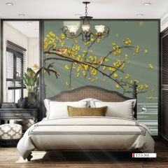 BST123 - TRANH DÁN TƯỜNG 3D - PHÒNG NGỦ - TRANH VẢI HOA 3D - HOA ĐÀO - INDOCHINE