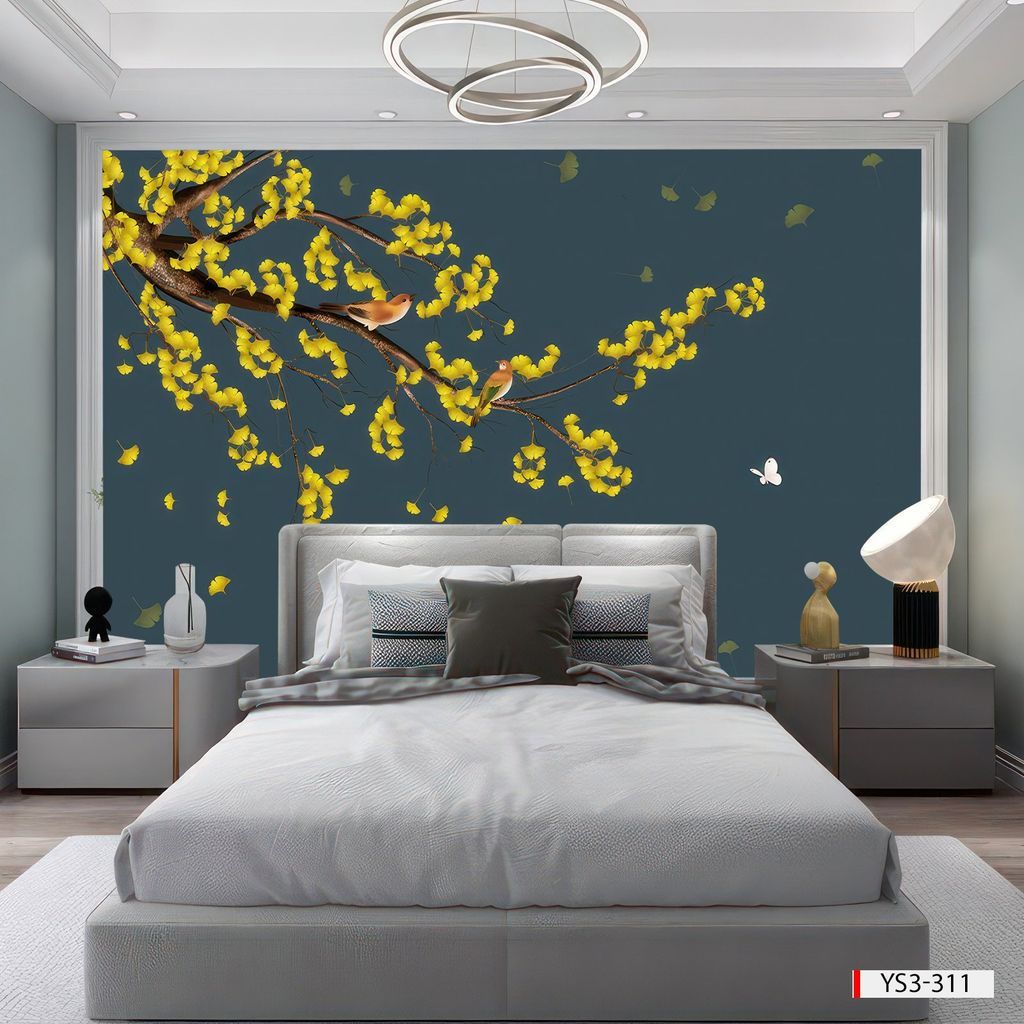 BST123 - TRANH DÁN TƯỜNG 3D - PHÒNG NGỦ - TRANH VẢI HOA 3D - HOA ĐÀO - INDOCHINE