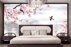 BST123 - TRANH DÁN TƯỜNG 3D - PHÒNG NGỦ - TRANH VẢI HOA 3D - HOA ĐÀO - INDOCHINE