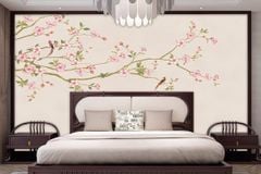 BST123 - TRANH DÁN TƯỜNG 3D - PHÒNG NGỦ - TRANH VẢI HOA 3D - HOA ĐÀO - INDOCHINE