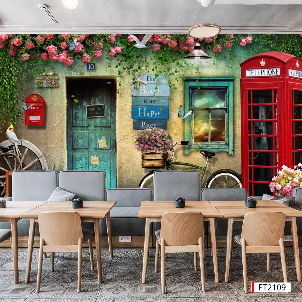 BST135 - TRANH DÁN TƯỜNG 3D - HÀNH LANG, LỐI ĐI, NHÀ HÀNG, CAFE - TRANH CAFE - TRÀ SỮA - KHỔ LỚN