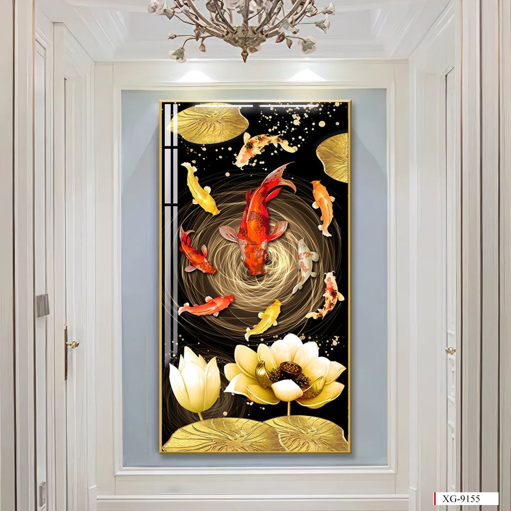 BST139 - TRANH TREO TƯỜNG - TRANG TRÍ HÀNH LANG, SẢNH, LỐI ĐI - CHỦ ĐỀ HOA SEN CÁ CHÉP - TRANH ĐƠN DỌC