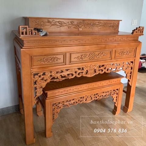  Bàn thờ gỗ sồi 2 tầng kèm đôn triện dơi 