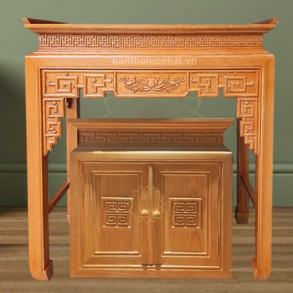 Bàn thờ gỗ sồi hoa sen kèm tủ BT3