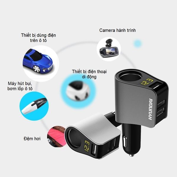  Tẩu Sạc Ô Tô, Xe Hơi HYUNDAI HY10, Tẩu Sạc Nhanh Ô Tô Có 3 Cổng USB, 1 Tẩu Sạc, Điện Áp 4.8A 