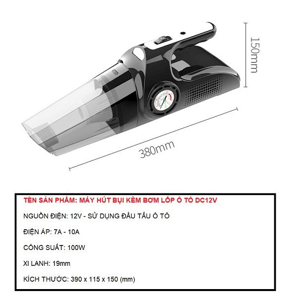  Máy Hút Bụi Kiêm Bơm Lốp Ô Tô DC12V 4 in 1 – Hút Bụi, Bơm Lốp Ô Tô, Đèn Chiếu Sáng, Đo Áp Suất Lốp; Bảo Hành 6 Tháng 