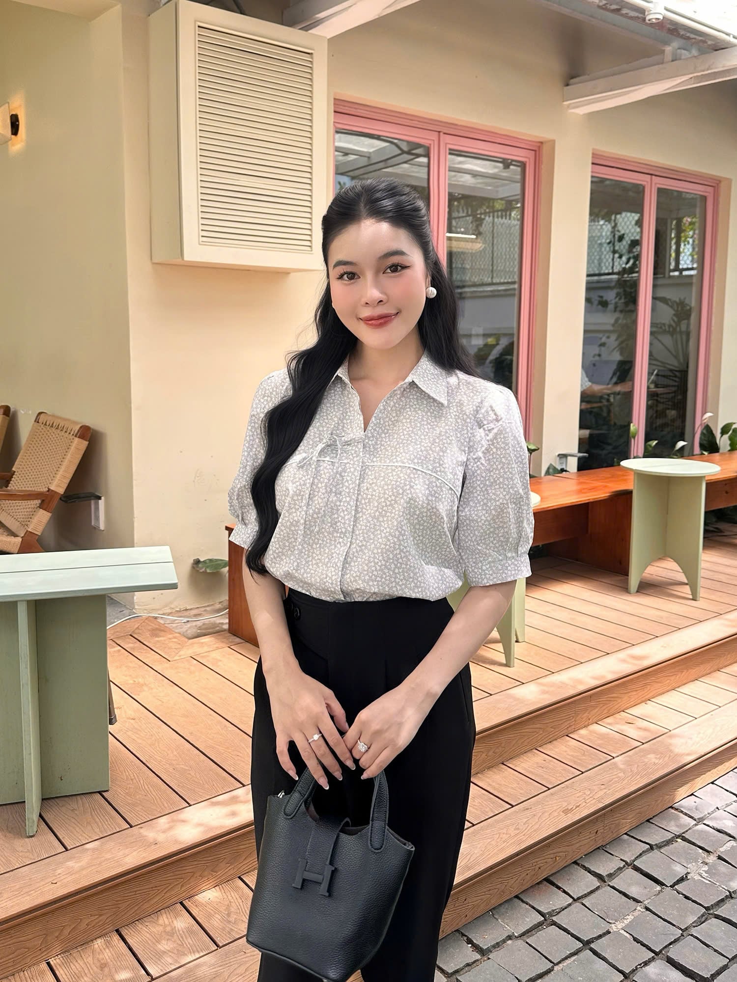 SƠ MI KATE PHỐI NƠ BÔNG XÁM