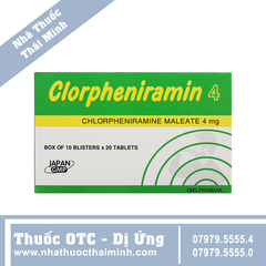 Thuốc Clorpheniramin 4mg - Hỗ trợ điều trị viêm mũi dị ứng, mày đay (10 vỉ x 20 viên)