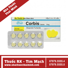 Thuốc Corbis Tablets 5mg trị tăng huyết áp, đau thắt ngực (2 vỉ x 10 viên)