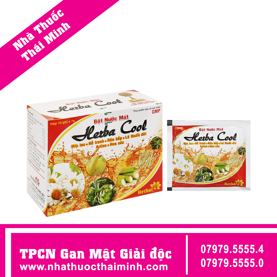 Bột nước mát Herba Cool hỗ trợ mát gan, lợi tiểu hộp 10 gói x 7g