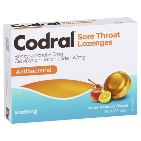 Viên ngậm đau cổ họng mật ong và chanh Codral sore throat lozenge honey & lemon (Úc) HOT184