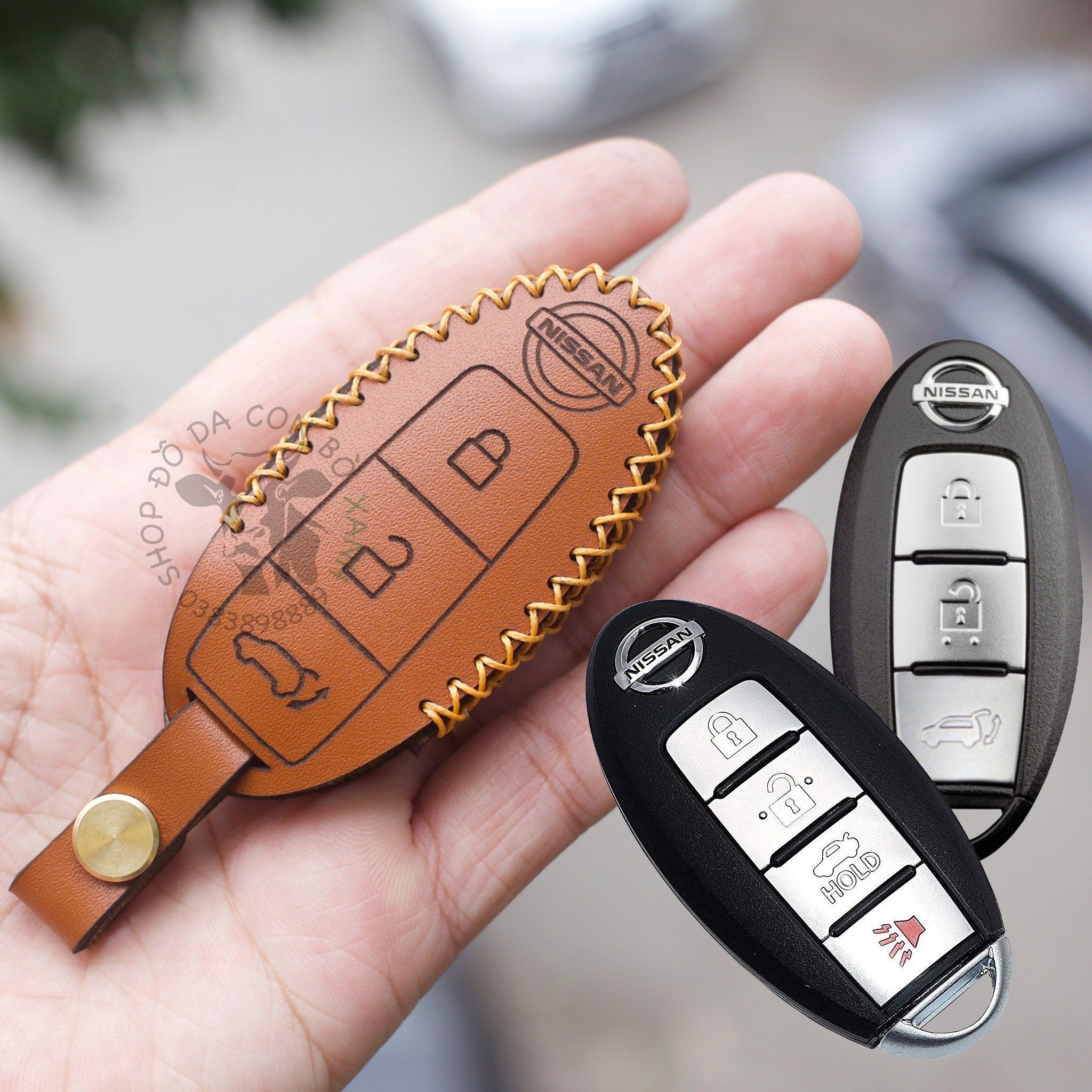 (Da Thật) Bao Da Chìa Khóa Ôtô Nissan Xtrail, Navara, teana, terra,... Da Bò Nhập Khẩu, Khắc Tên + Số ĐT Chủ Xe 002