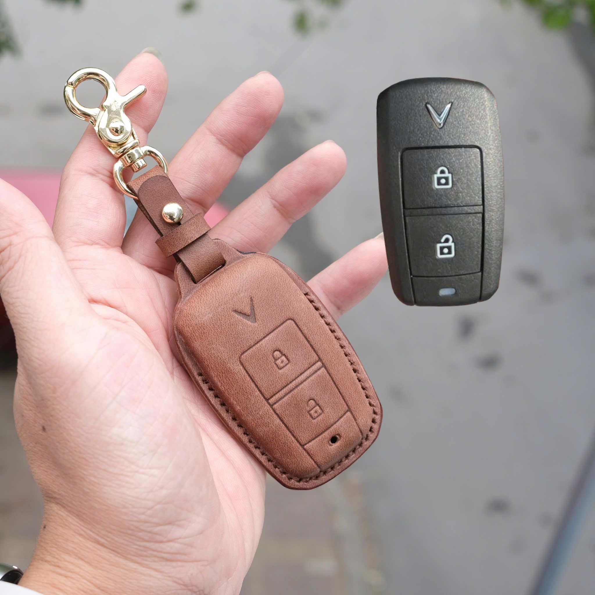 Bao da bọc ốp chìa khoá Vinfast VF3 xe điện VF 3 ép phom handmade da thật 004e