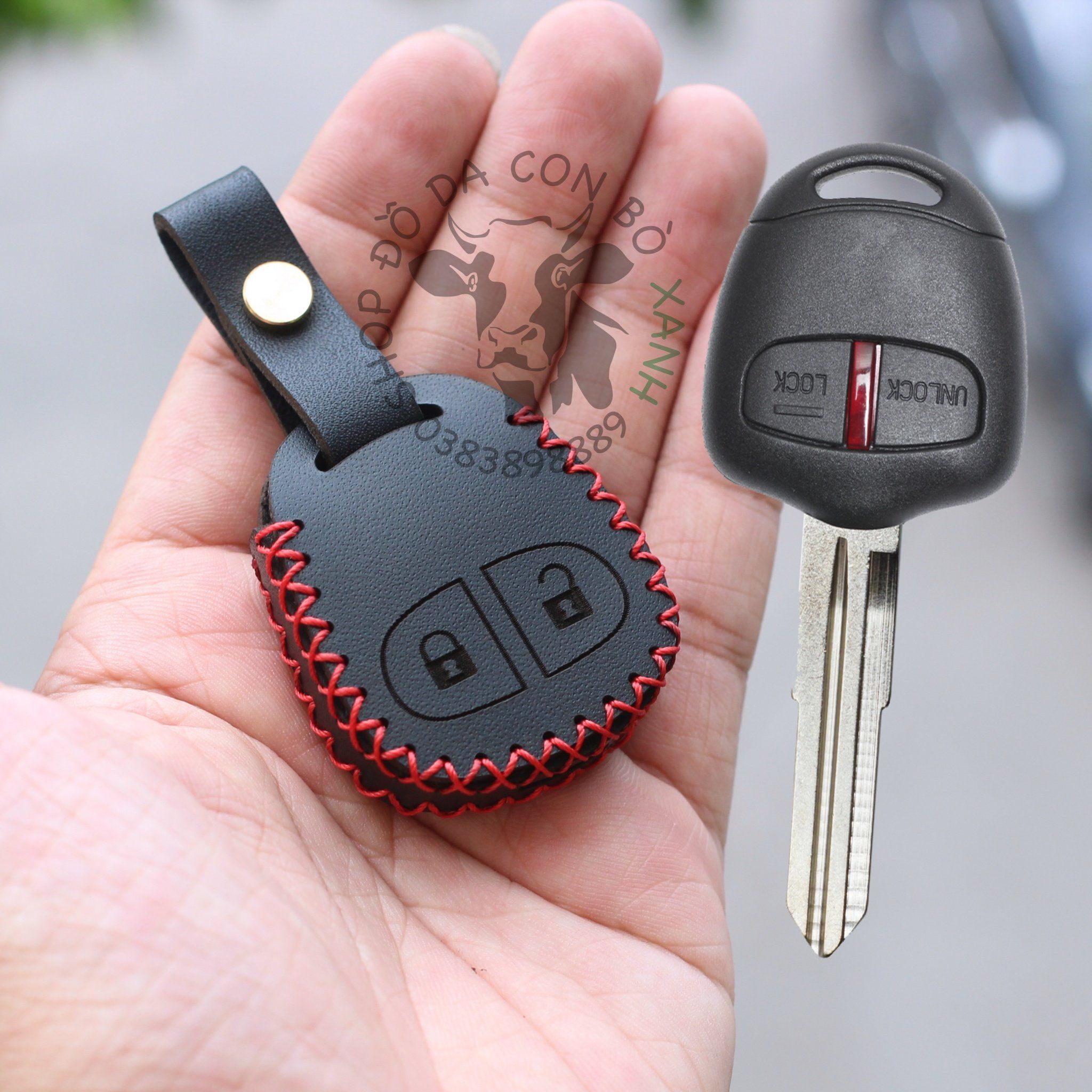 Bao da chìa khoá Mitsubishi Grandis , Triton, Pajero Sport, Mirage, Outlander, Lancer (chìa cơ) handmade da thật