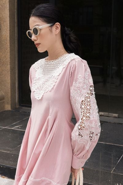 Crochet poplin dress - Pink