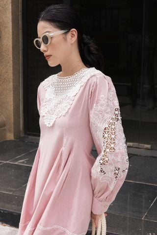 Crochet poplin dress - Pink