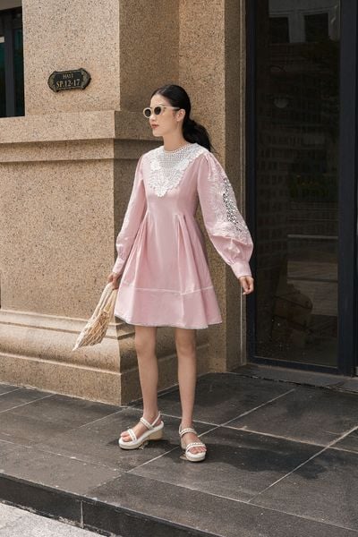 Crochet poplin dress - Pink