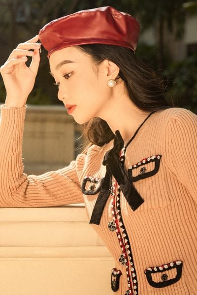 Pocketed mini knitted dress - Brown