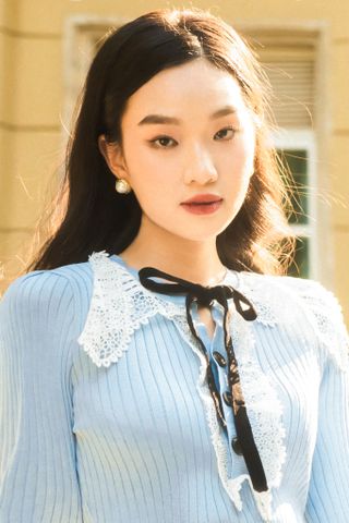 Lace collar knitted - mini dress - blue