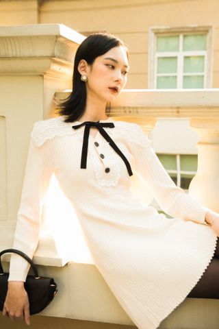 Lace collar knitted - mini dress - Cream