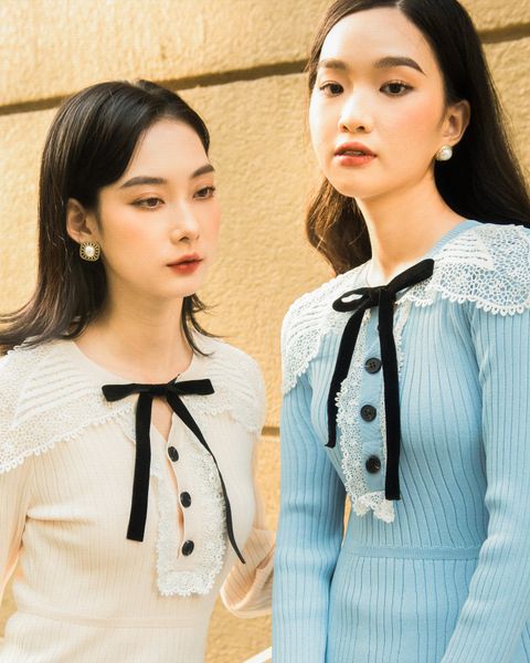 Lace collar knitted - mini dress - Cream