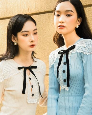 Lace collar knitted - mini dress - blue
