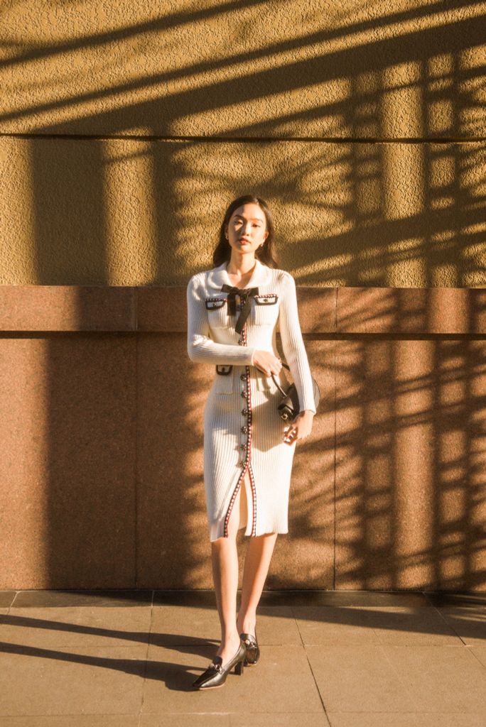 Pocketed midi knitted dress - white