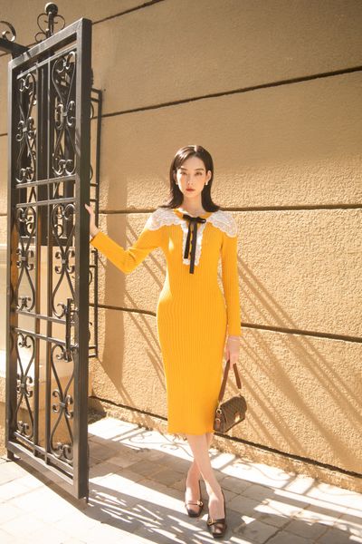 Lace collar knitted - midi dress - white