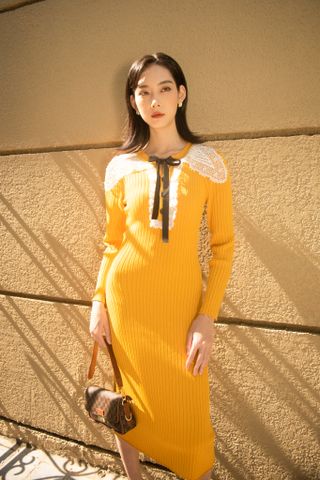 Lace collar knitted - midi dress - white