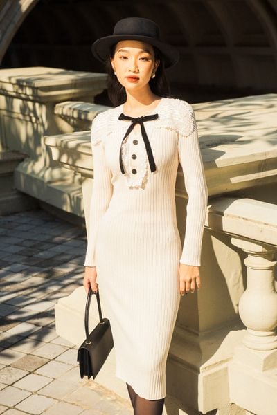 Lace collar knitted - midi dress - white