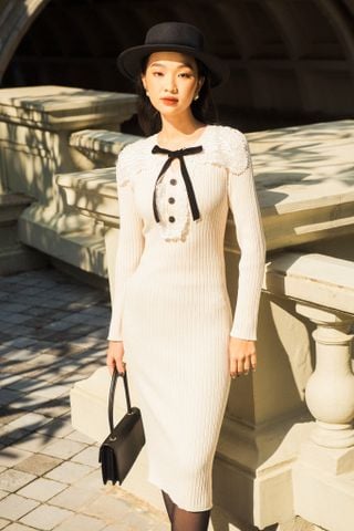 Lace collar knitted - midi dress - white
