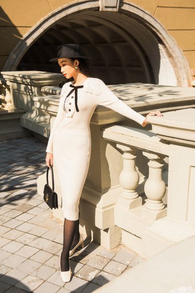 Lace collar knitted - midi dress - white