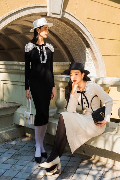 Lace collar knitted - midi dress - white